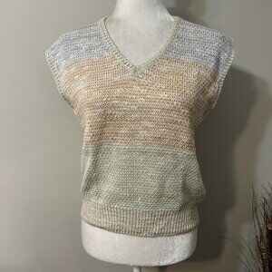 Vtg Intuitions Women V-neck Sweater Open Knit Striped Multicolor Sleeveless Sz M